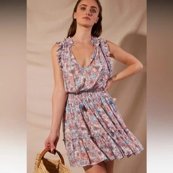 Poupette St. Barth Aqua Dalia Floral Print Triny Smocked Mini Sundress - Picture 5 of 16